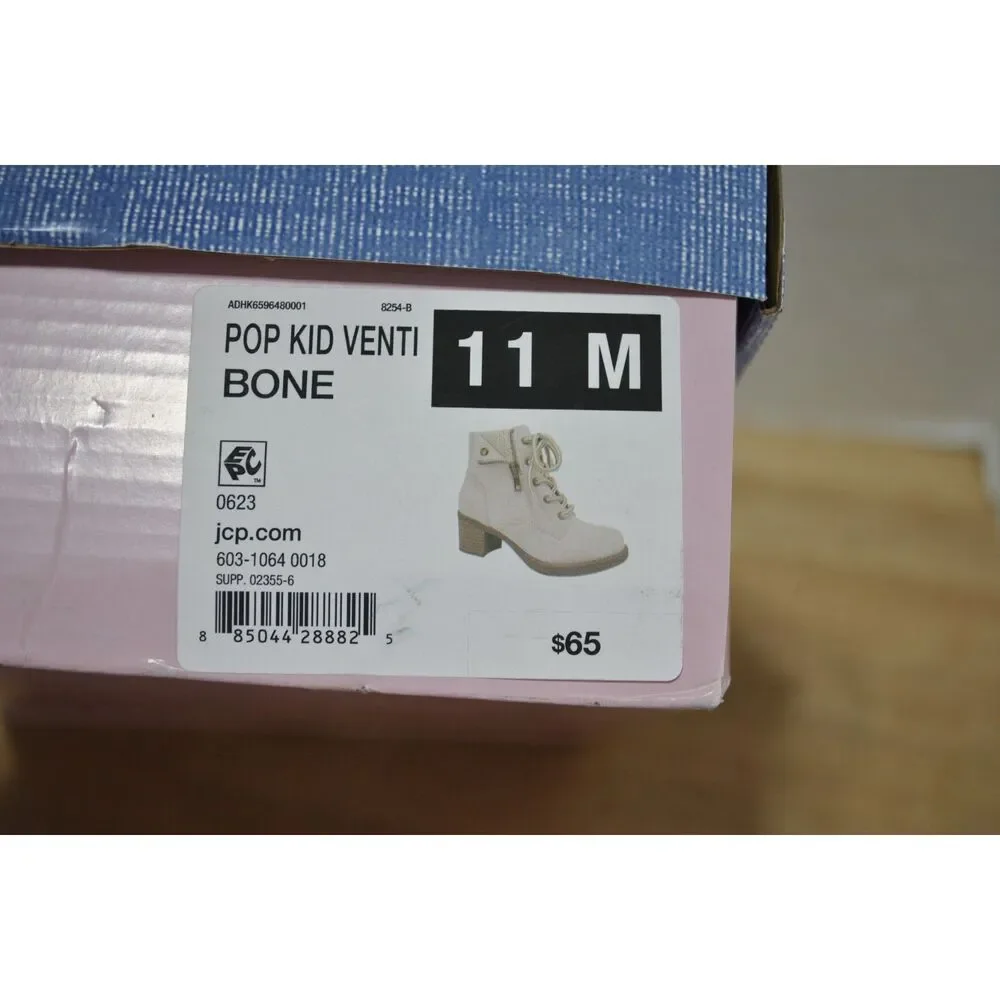 Pop Girl's Venti Block Heel Lace Up Boots Bone Color Size 11M